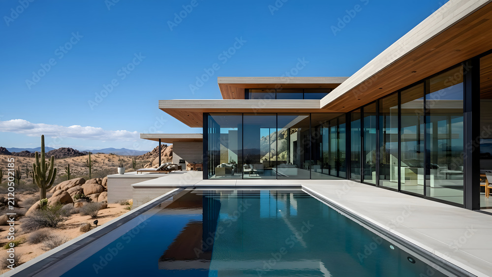 Fototapeta premium Modern desert home with sleek pool and glass facade in arid landscape under clear blue sky