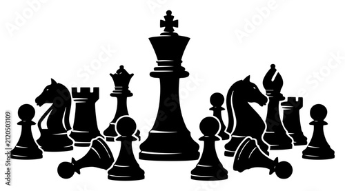 Принти на полотні Chess pieces collection including king queen and knights in black silhouette sty