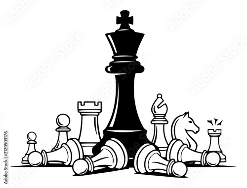 Bild auf Leinwand Chess king standing victorious over fallen enemy pieces in black silhouette styl