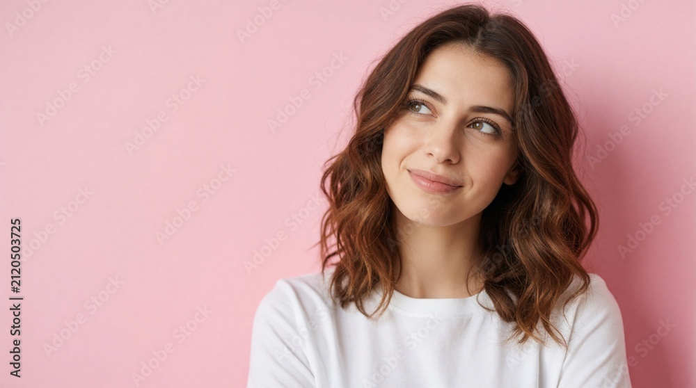 Fototapeta premium Young woman with brown wavy hair, thoughtful expression looks aside. Wears simple white t-shirt against plain pink studio background. Gentle smile hints at positive thoughts, ideas, happy memories
