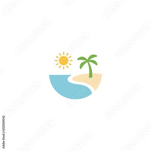 Beach scene with sun, palm tree, and water. Tropical landscape illustration 
