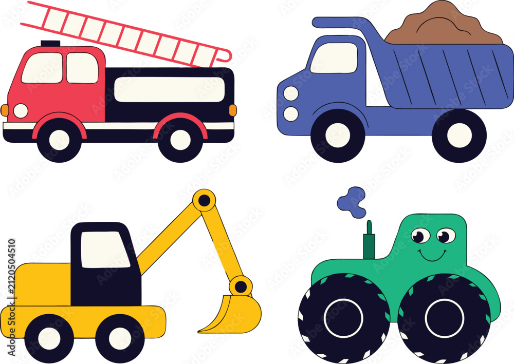 Naklejka premium Kids Construction Vehicle Cartoon Illustration Set
