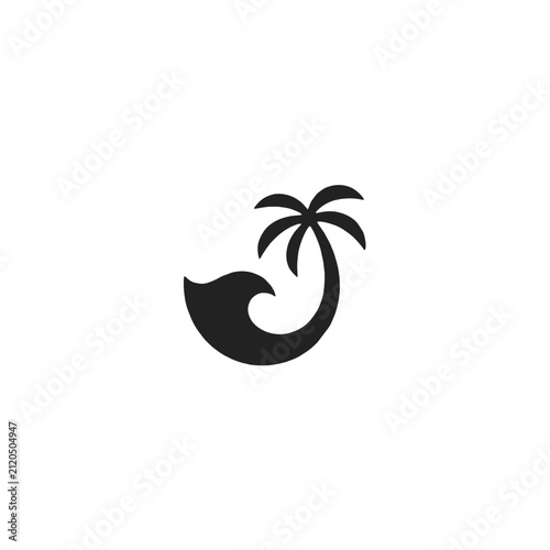 Beach wave icon with palm tree silhouette. 
