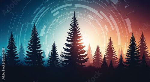 Mystical Forest Silhouette with Futuristic Sci-Fi Circular Interface Background