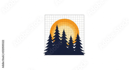 Silhouette of Pine Trees Against a Vibrant Sunset Over a Grid Background