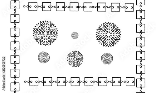 Fotografie Decorative frame design with geometric snowflakes and square link chain snowflak