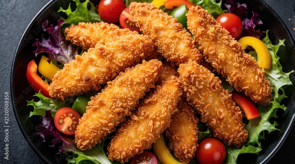 Fototapeta premium Crispy fried chicken tenders served with fresh vegetable salad in black bowl. Breaded poultry meat pieces with red cherry tomatoes, bell pepper mix. Healthy protein lunch dish with green lettuce