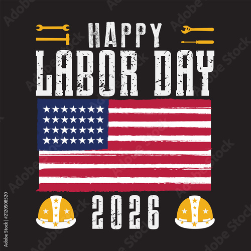 Patriotic American Labor Day 2026 Vintage T-Shirt Design with USA Flag and Hard Hats