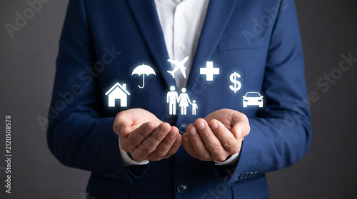 Comprehensive Protection Concept: A person in a smart suit holds out open hands, symbolizing safety and security, with icons representing different aspects of life—home, family, travel, health.