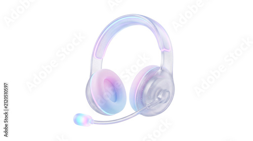 Holographic gaming headphones with microphone, iridescent wireless headset for gamers, pastel aesthetic audio gear on white background
