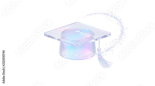 Holographic graduation cap with tassel, iridescent 3D academic mortarboard, glowing crystal student hat for education and success