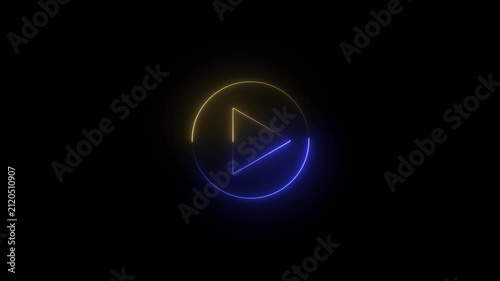 Glowing Neon Play Button Icon with Yellow and Blue Light Outline on Black Background for Video Player and Media Concept 4 k video...