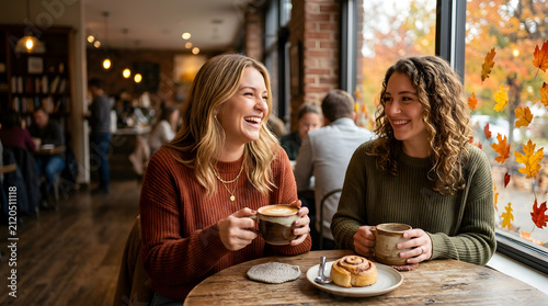 Two friends laughing over coffee in a cozy autumn cafe