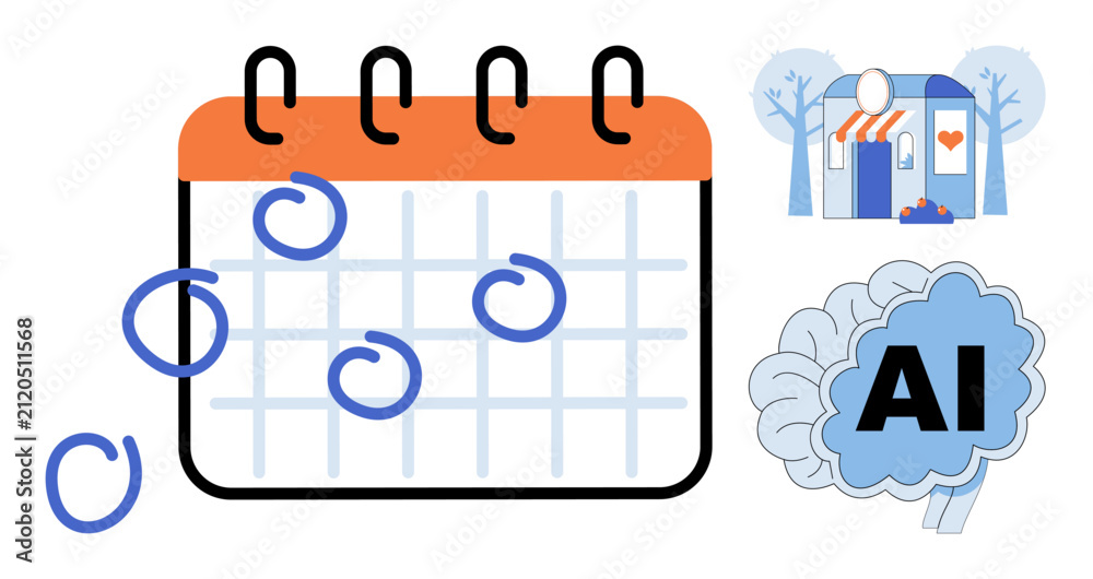 Naklejka premium Calendar with circled dates, local shop, and brain with AI text vector illustration. Time management, business planning, artificial intelligence, local commerce, scheduling, digital strategy. Planner