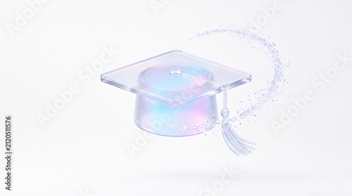 Holographic graduation cap with iridescent glass texture, 3D academic mortarboard with tassel, translucent crystal education symbol on white background