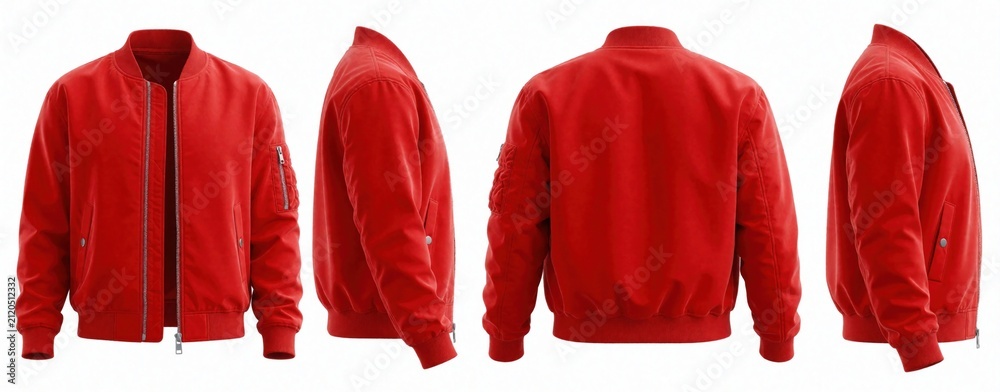Obraz premium Red bomber jacket shown front side back and profile views. Basic outerwear garment template for design and print presentation. Unisex fashion apparel on white background.