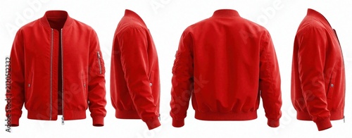 Red bomber jacket shown front side back and profile views. Basic outerwear garment template for design and print presentation. Unisex fashion apparel on white background.