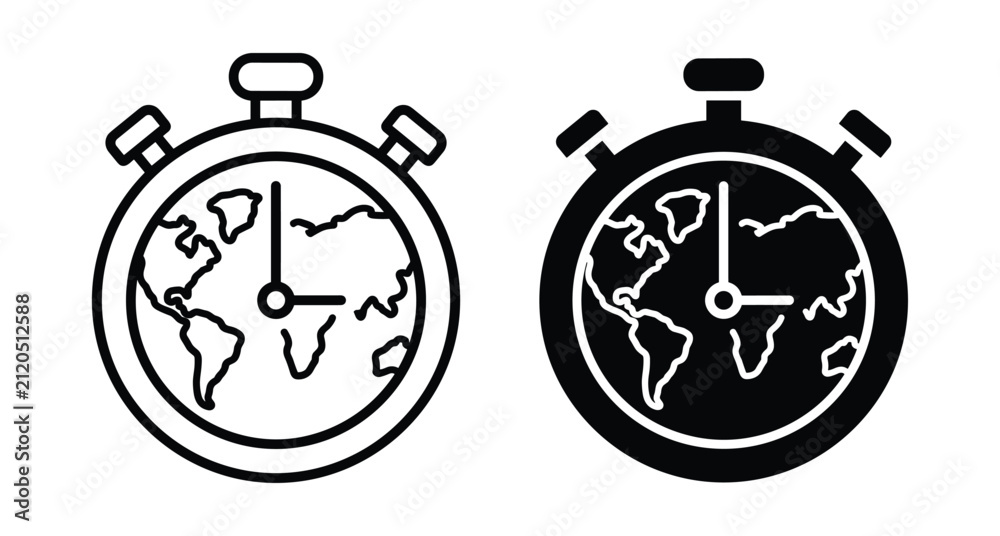 Fototapeta premium Stopwatch icons with world map on face representing global time zones international business logistics speed and worldwide deadline management tools
