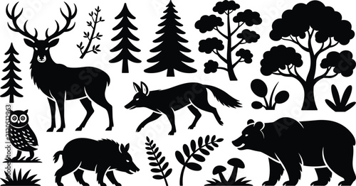Canvas Print Black silhouette forest animals trees and plants on white background