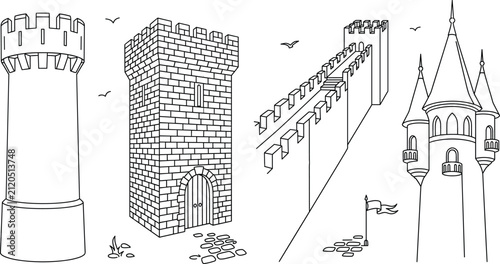 Fotografie Medieval castle towers and fortress walls line art vector illustration collectio