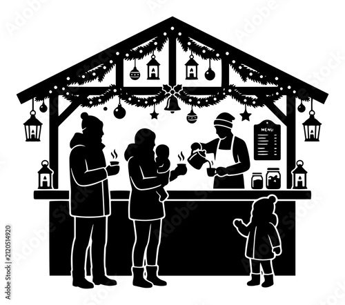 People visiting Christmas market stall to buy hot drinks and food silhouette style