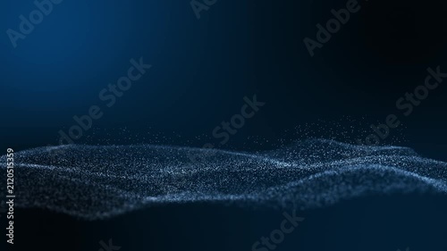 Abstract dark blue particle wave landscape background with glowing dust.
