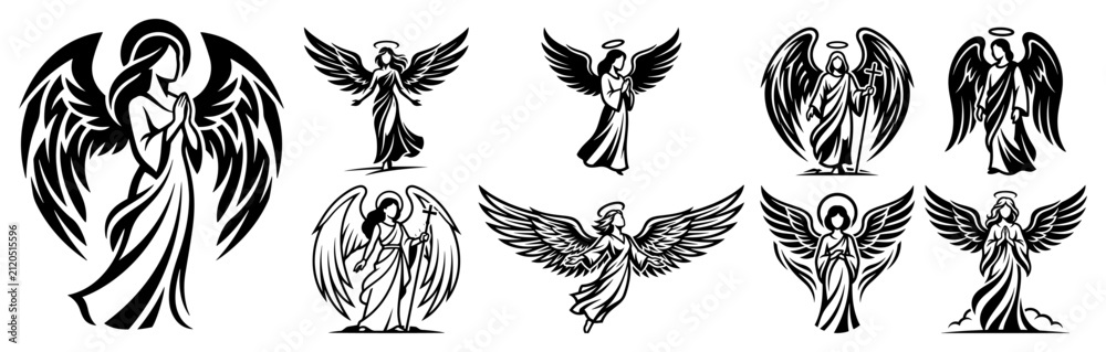 Fototapeta premium Guardian angel collection with various celestial figures in different poses silhouette style