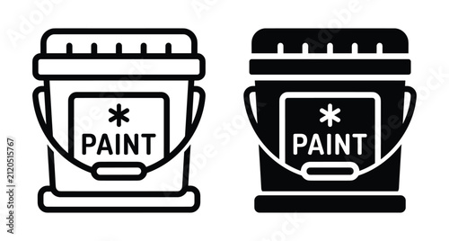 Paint bucket icon set featuring outline and solid glyph styles for home renovation construction hardware store and interior design projects