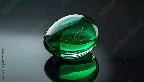 Glass bottle filled with glowing green liquid on dark surface.