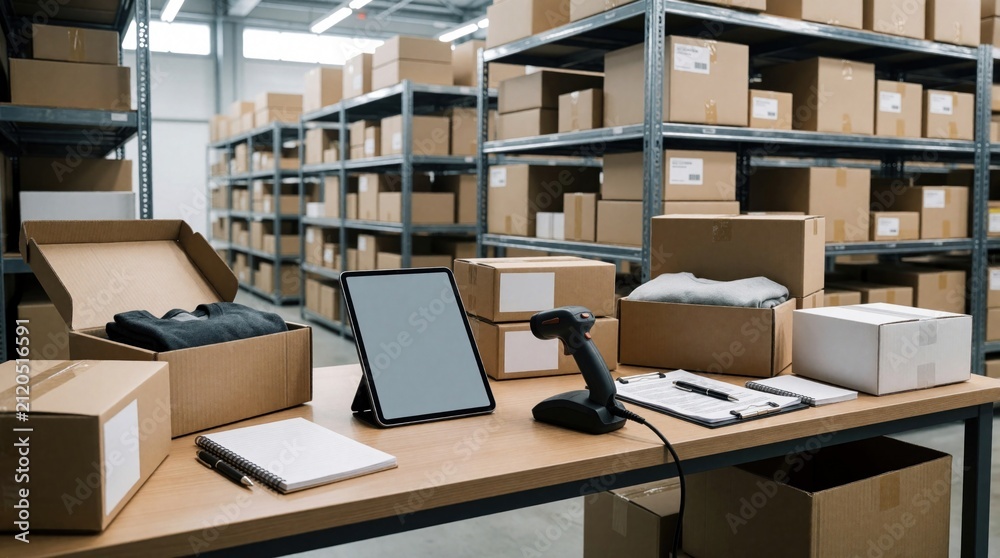 Naklejka premium E commerce warehouse inspection station with cardboard boxes tablet and barcode scanner. Logistics retail operations inventory management workflow. Package sorting and shipping process.