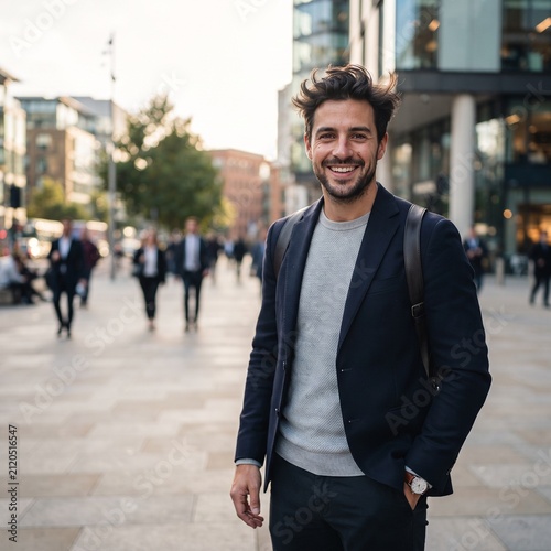 A confident man with a warm smile and stylish attire stands in a bustling urban environment, his gaze directly meeting the camera, embodying modern success and professional ambition.