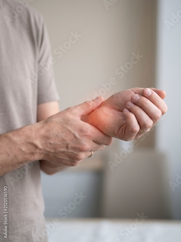 A person is holding their wrist, indicating pain or discomfort in the joint area.
