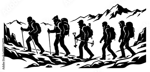 Canvas Print Group of hikers climbing a snowy mountain peak in detailed silhouette style