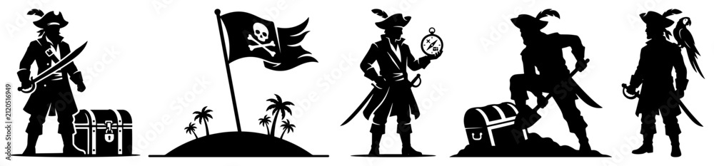 Fototapeta premium Pirate characters and maritime adventure elements silhouette collection in minimalist style