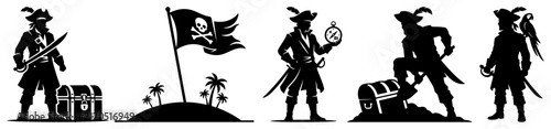 Pirate characters and maritime adventure elements silhouette collection in minimalist style