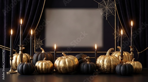 Elegant halloween background featuring gold and black pumpkins with glowing candles and a blank frame for copy space