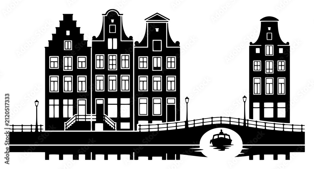 Fototapeta premium Traditional Dutch canal houses with arched bridge and boat in Amsterdam black silhouette style