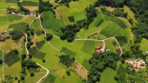 Epic cinematic low to high aerial reveal view over houses and country road, opening to green hills landscape, Serbia