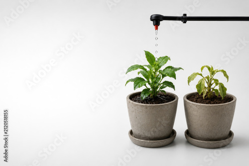 Drip irrigation waters one of two potted plants. Space for text.