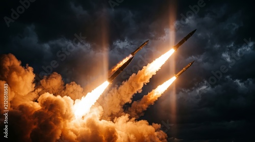 Missiles Launching into Dark Sky with Fiery Exhaust Clouds Military Defense Concept
