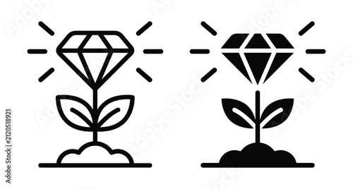Diamond plant growing from soil icon set representing financial growth wealth investment success jewelry business development prosperity and value creation