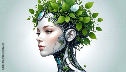 Portrait of a woman with green ivy wrapped around her head.