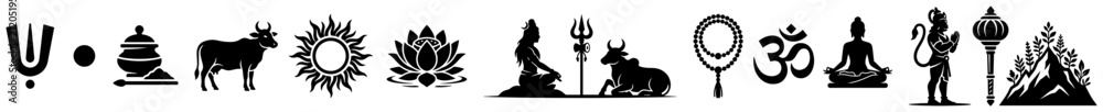 Obraz premium Hindu spiritual symbols including meditating sadhu Om sign and sacred elements black silhouettes