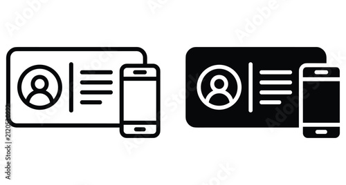 Digital identity card and mobile phone verification icons set with outline and solid styles for electronic authentication and security access