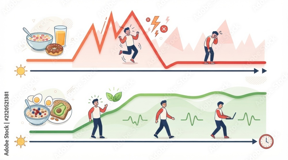 Fototapeta premium Graphic shows a comparison between the effects of sugar junk food and healthy foods on energy levels and well-being over time.