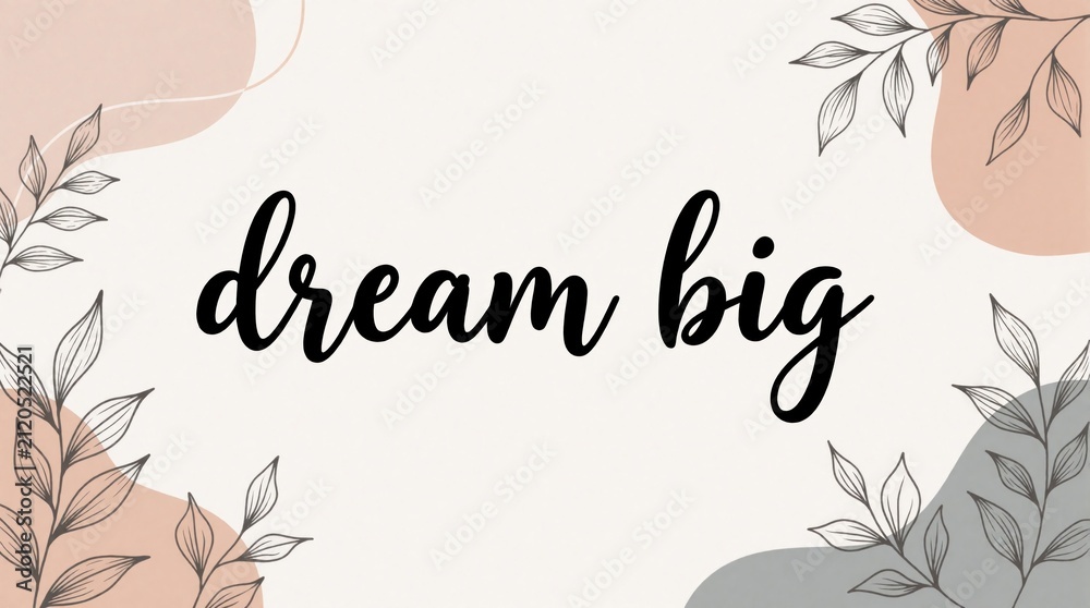 Fototapeta premium Inspirational quote dream big with floral accents and abstract shapes. Minimalist design with soft pastel colors. Ideal for motivational posters, cards, or digital backgrounds.