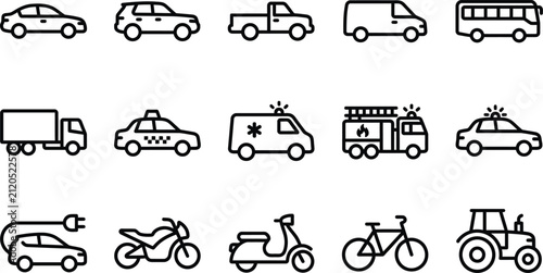 Foto Set of various transportation vehicle line icons including cars trucks emergency