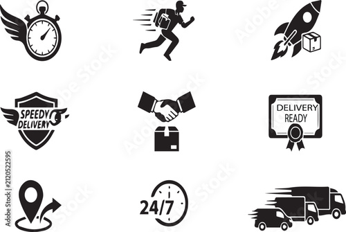 Express Delivery and Fast Shipping Vector Icon Set - Courier, Flying Rocket, Winned Stopwatch, 24/7 Service, and Fleet Symbols Isolated on White Background
