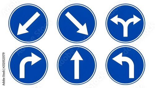 Circular blue traffic signs with white directional arrows, isolated on white.