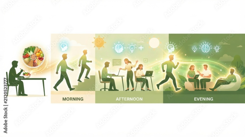 Fototapeta premium People engage in different activities at various times of the day while focusing on benefits from healthy food choices and nutrition.